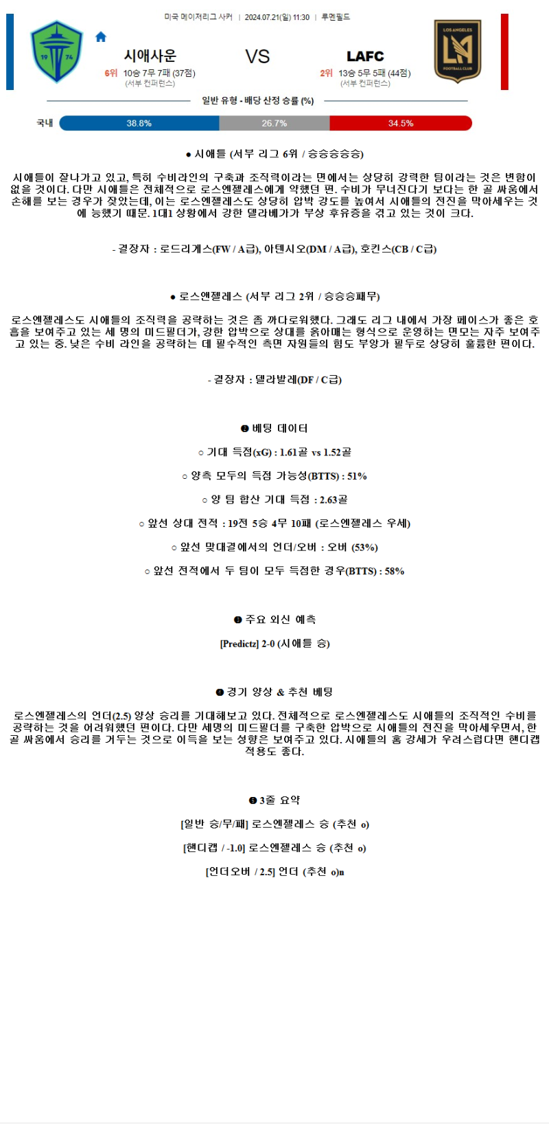 2024년7월21일 시애틀 LAFC 해외축구 중계 및 분석 올스티비