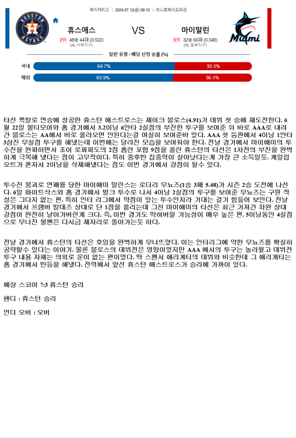 2024년7월12일 마이애미 말린스 휴스턴 애스트로스 미국야구 중계 및 분석 올스티비