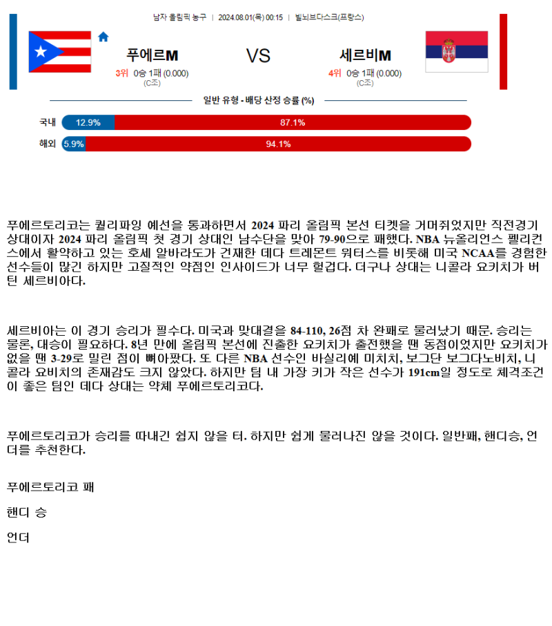 2024년8월1일 푸에르토리코 세르비아 올림픽농구분석 및 중계  올스티비