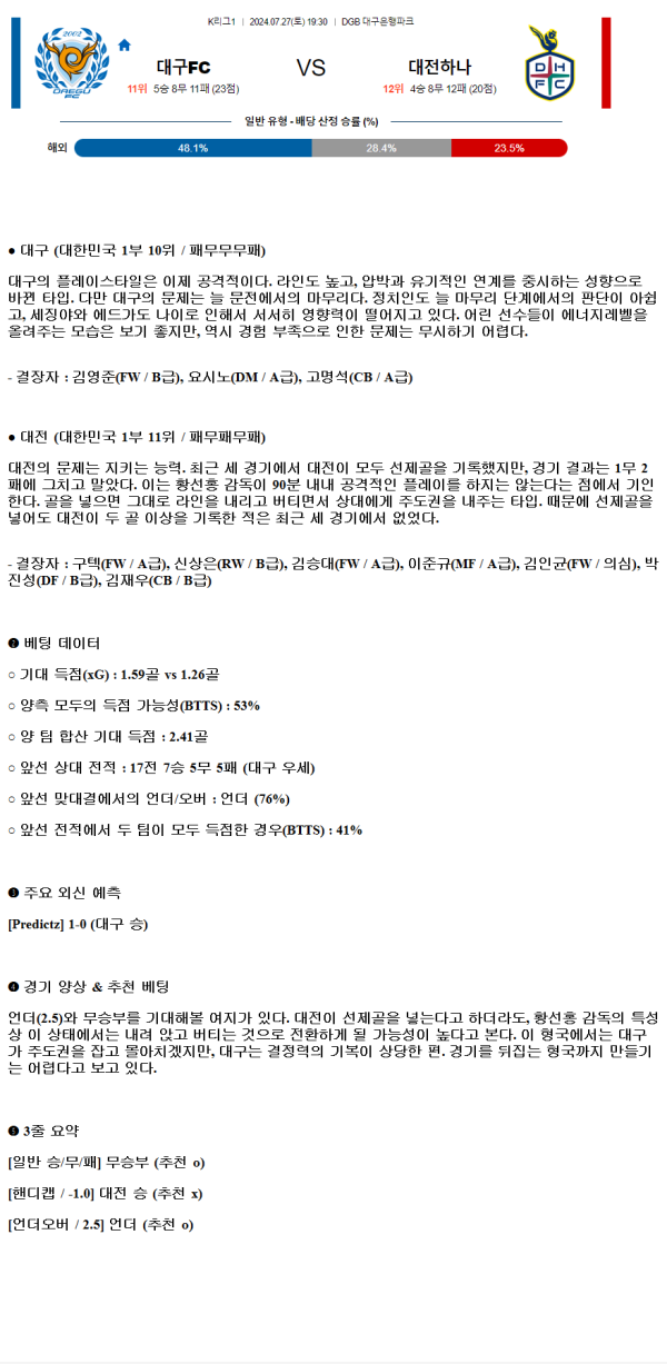 2024년7월27일 대구FC 대전 하나 시티즌 국내축구 중계 및 분석 올스티비