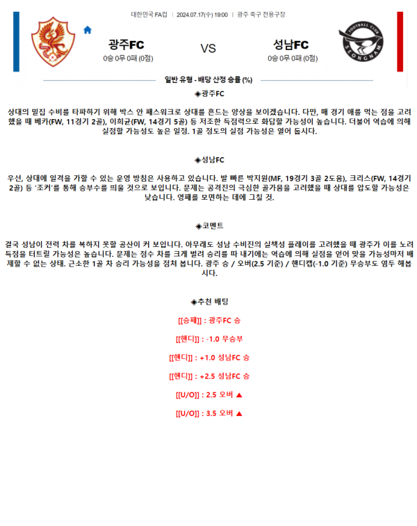 2024년7월17일 광주 FC  성남 FC 축구 분석 및 중계 올스티비