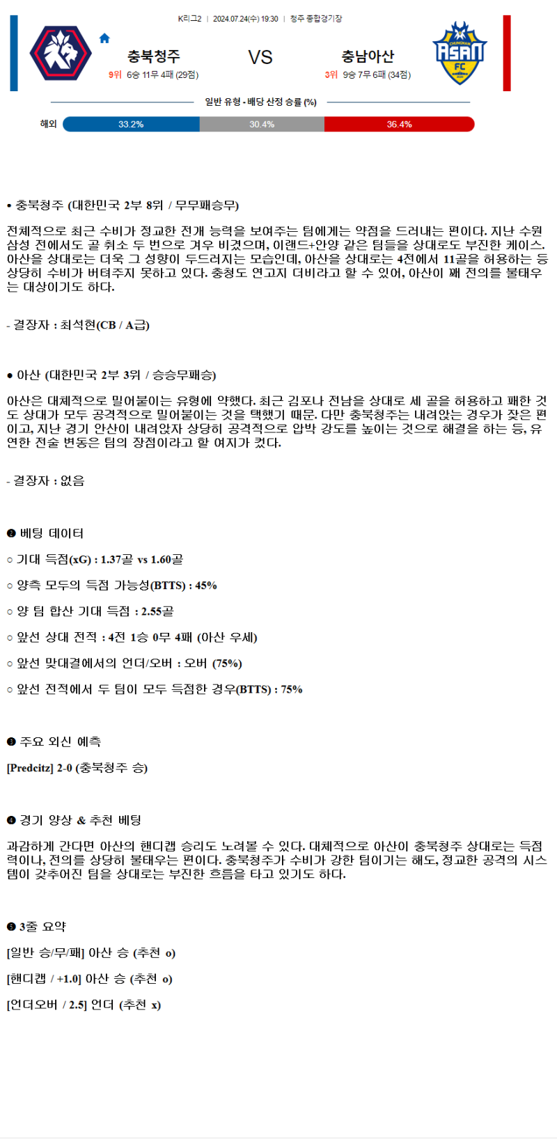 2024년7월24일 충북청주FC 충남 아산 프로축구단 K리그 중계 및 분석 올스티비