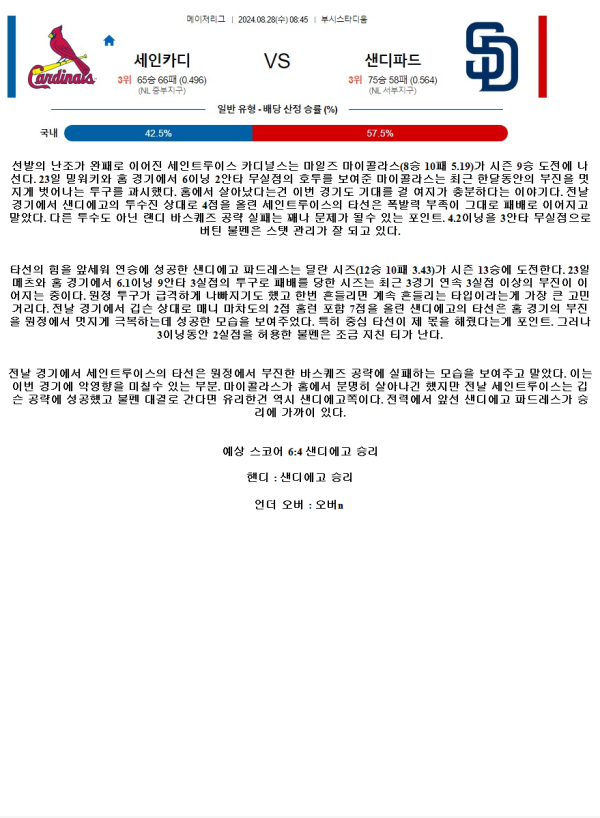 2024년8월28일 샌디에이고 파드리스 세인트루이스 카디널스 MLB 분석 및 중계 올스티비