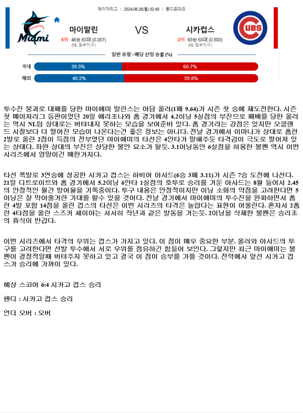 2024년8월26일 시카고 컵스 마이애미 말린스 미국야구 분석 및 중계 올스티비