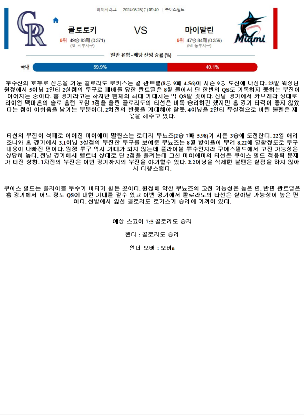 2024년8월28일 마이애미 말린스 콜로라도 로키스 MLB 중계 및 분석 올스티비