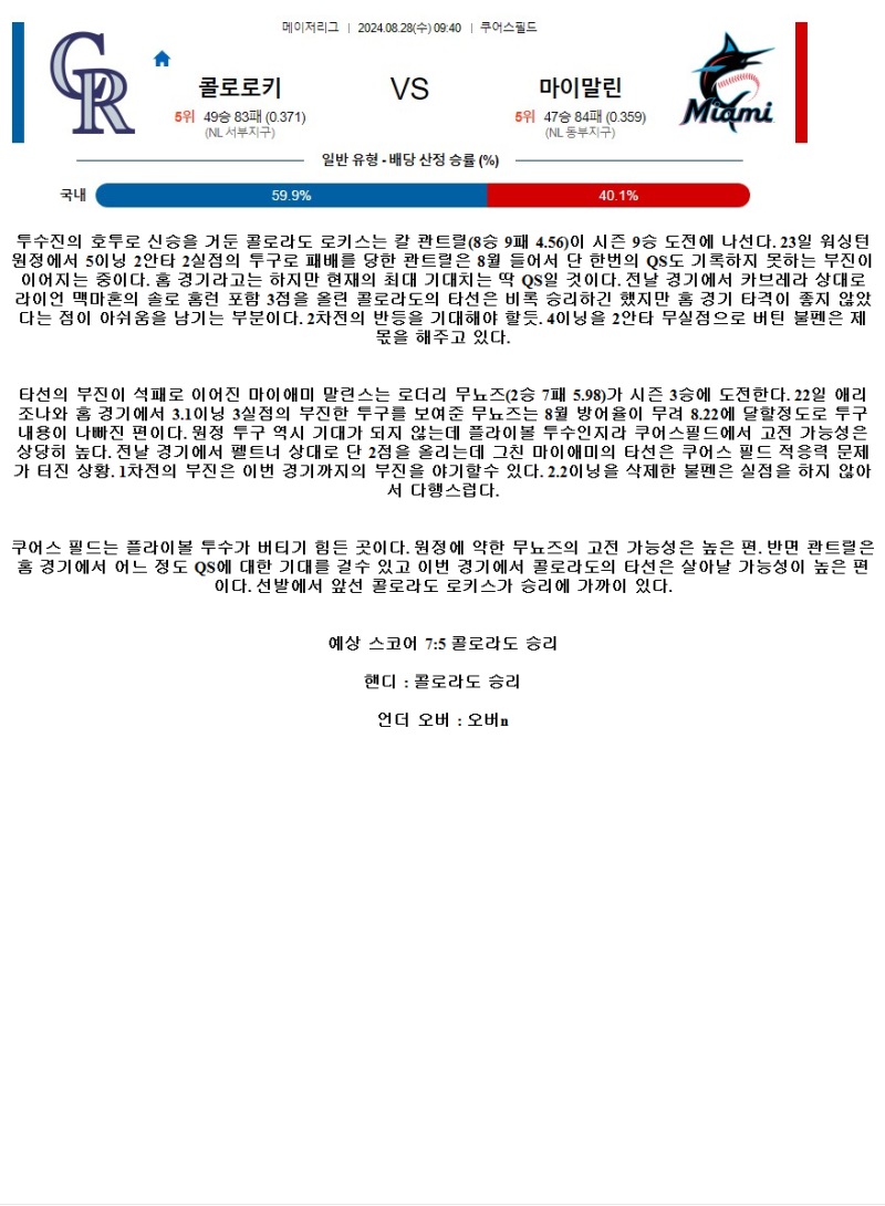 2024년8월28일 마이애미 말린스 콜로라도 로키스 MLB 중계 및 분석 올스티비