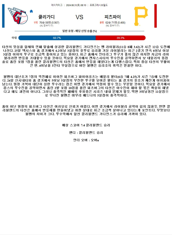 2024년8월31일 피츠버그 파이리츠 클리블랜드 가디언스 해외야구 중계 및 분석 올스티비