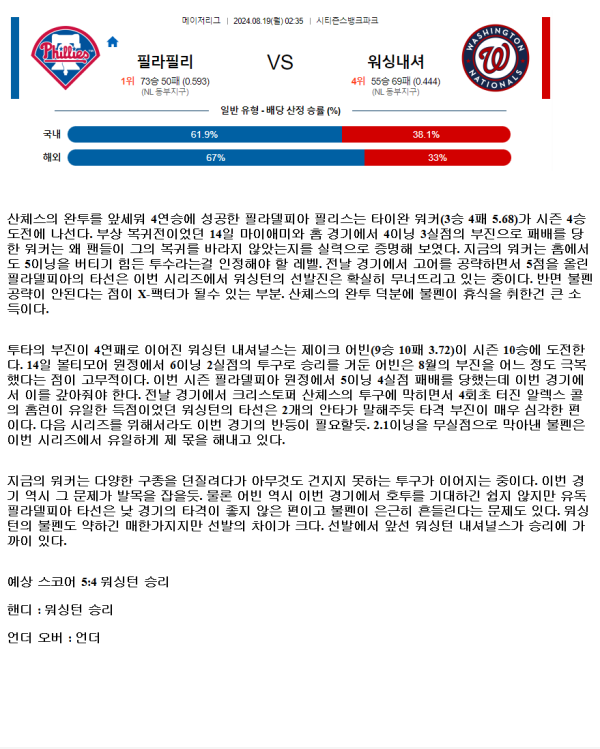 2024년8월19일 워싱턴 내셔널스 필라델피아 필리스 미국야구 중계 및 분석 올스티비