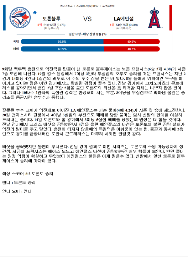 2024년8월25일 LA 에인절스 토론토 블루제이스 해외야구 중계 및 분석 올스티비