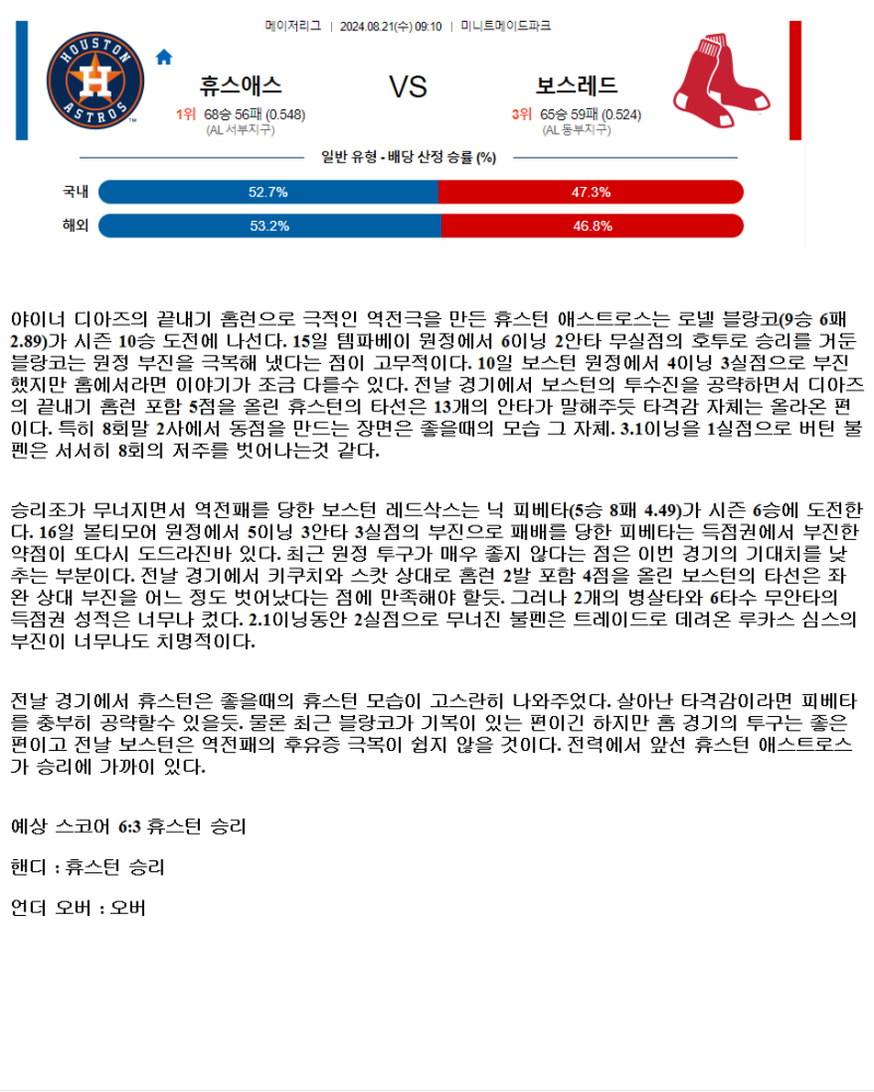 2024년8월21일 보스턴 레드삭스 휴스턴 애스트로스 미국야구 분석 및 중계 올스티비