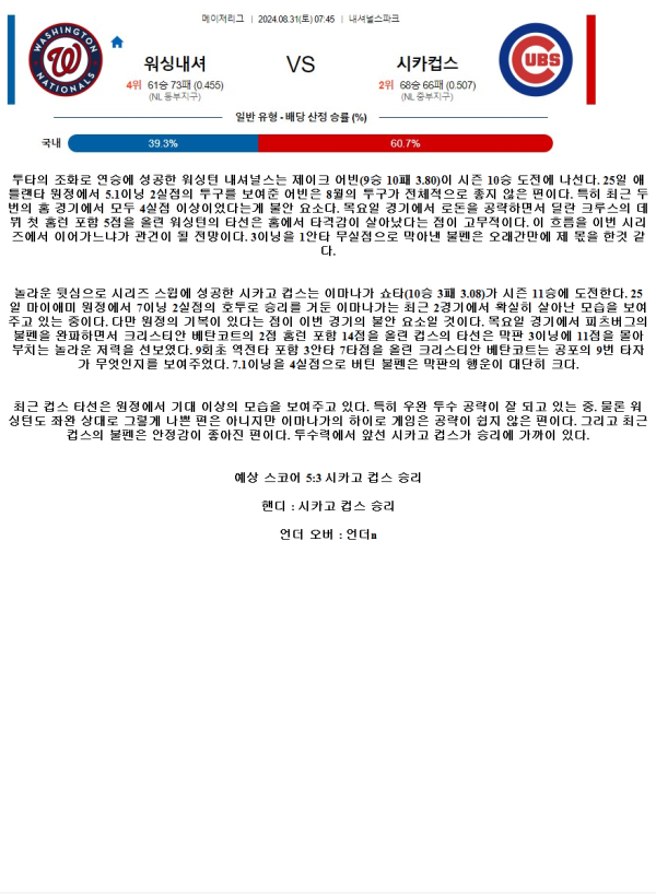 2024년8월31일 시카고 컵스 워싱턴 내셔널스 MLB 분석 및 중계 올스티비