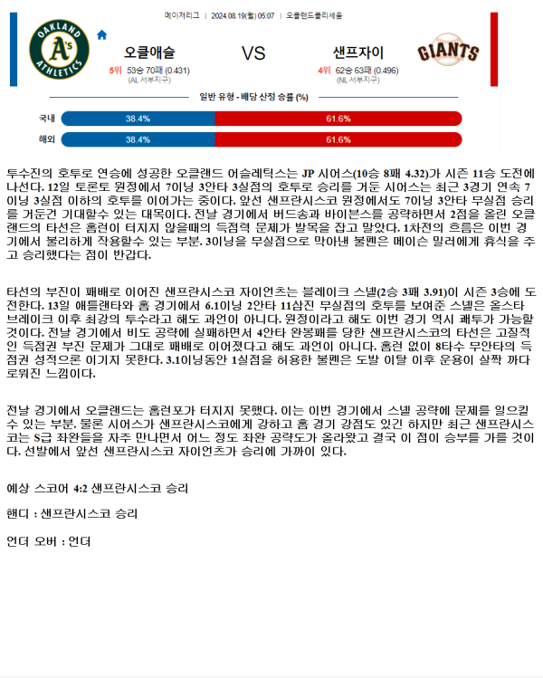 2024년8월19일 샌프란시스코 자이언츠 오클랜드 어슬레틱스 MLB 분석 및 중계 올스티비