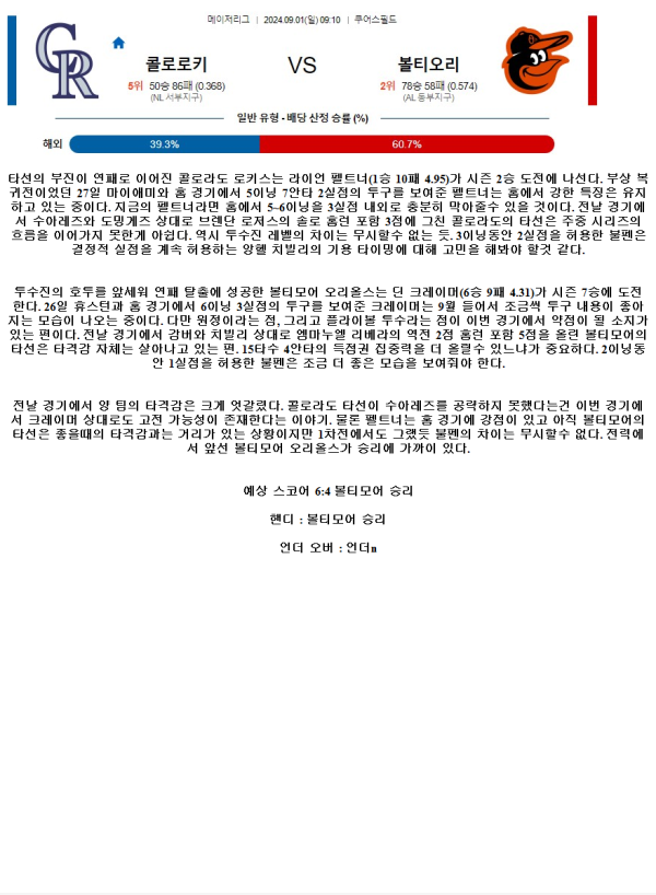 2024년9월1일 볼티모어 오리올스 콜로라도 로키스 MLB 중계 및 분석 올스티비