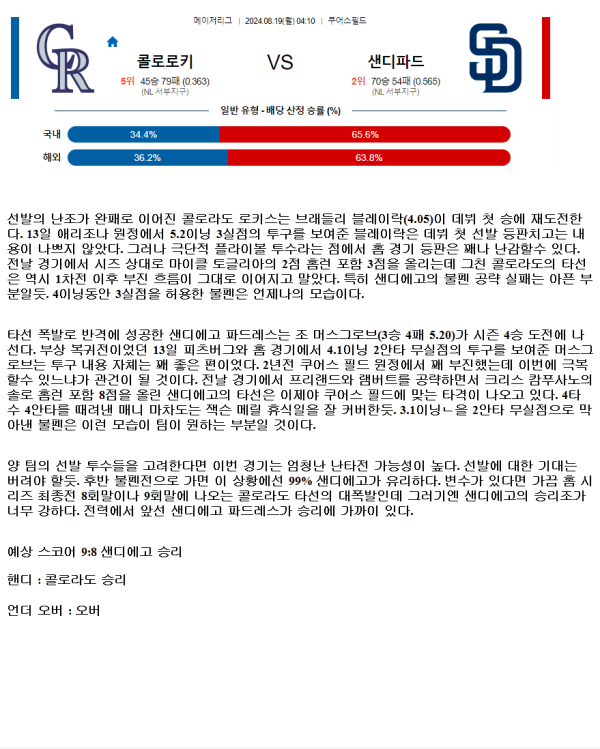 2024년8월19일 샌디에이고 파드리스 콜로라도 로키스 MLB 분석 및 중계 올스티비