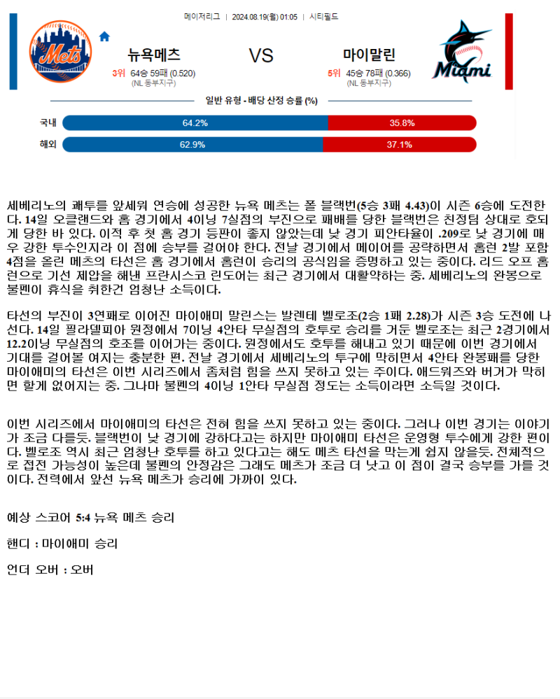 2024년8월19일 마이애미 말린스 뉴욕 메츠 미국야구 중계 및 분석 올스티비