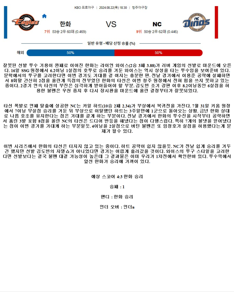 2024년8월22일 NC 다이노스 한화 이글스 국냐야구 중계 및 분석 올스티비