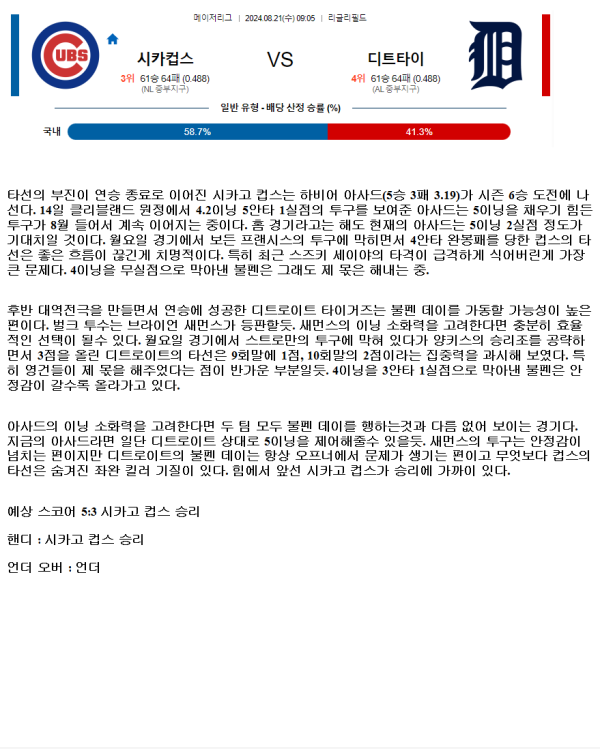 2024년8월21일 디트로이트 타이거즈 시카고 컵스 MLB 중계 및 분석 올스티비