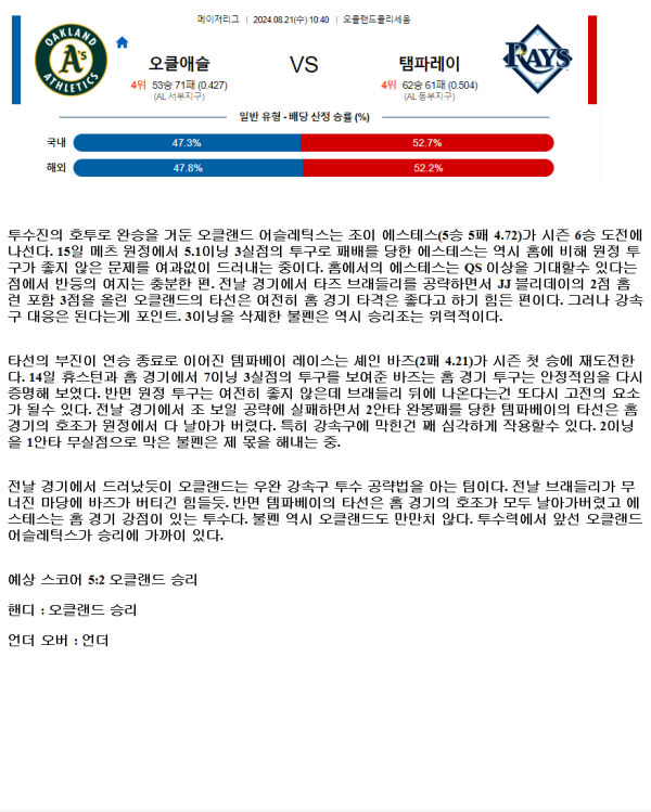 2024년8월21일 탬파베이 레이스 오클랜드 어슬레틱스 MLB 중계 및 분석 올스티비