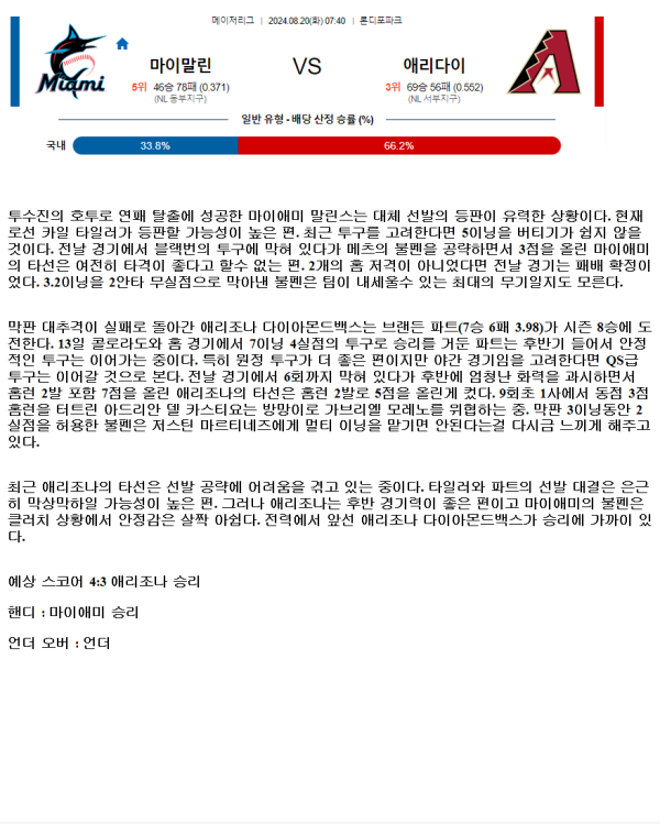 2024년8월20일 애리조나 다이아몬드백스 마이애미 말린스 MLB 중계 및 분석 올스티비