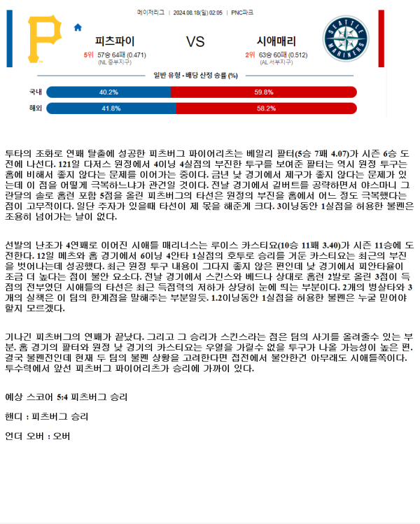 2024년8월18일 시애틀 매리너스 피츠버그 파이리츠 미국야구 중계 및 분석 올스티비