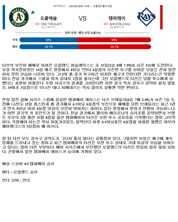 2024년8월20일 탬파베이 레이스 오클랜드 어슬레틱스 MLB 분석 및 중계 올스티비