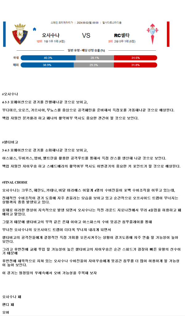 2024년9월2일 CA 오사수나 RC 셀타 데 비고 해외스포츠 분석 및 중계 올스티비