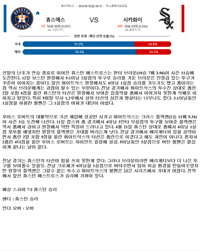 2024년8월18일 시카고 화이트삭스 휴스턴 애스트로스 해외야구 분석 및 중계 올스티비