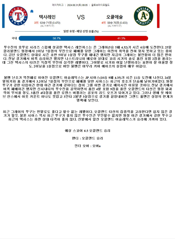 2024년8월31일 오클랜드 어슬레틱스 텍사스 레인저스 해외야구 분석 및 중계 올스티비