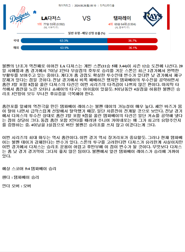 2024년8월26일 탬파베이 레이스 LA 다저스 MLB 중계 및 분석 올스티비