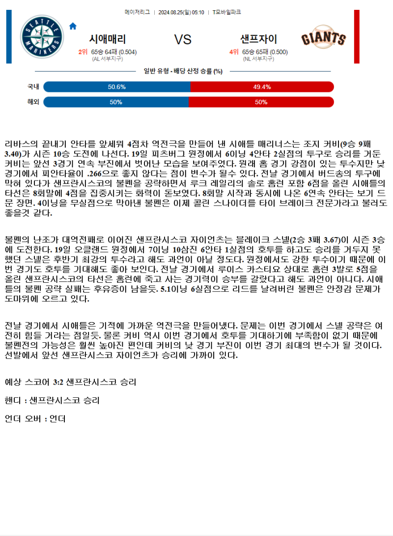 2024년8월25일 샌프란시스코 자이언츠 시애틀 매리너스 미국야구 분석 및 중계 올스티비