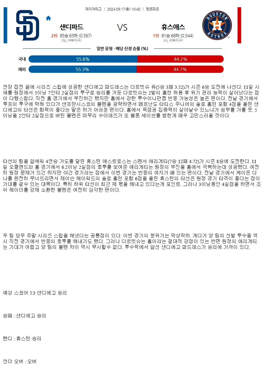 2024년9월17일 휴스턴 애스트로스 샌디에이고 파드리스 해외야구 중계 및 분석 올스티비