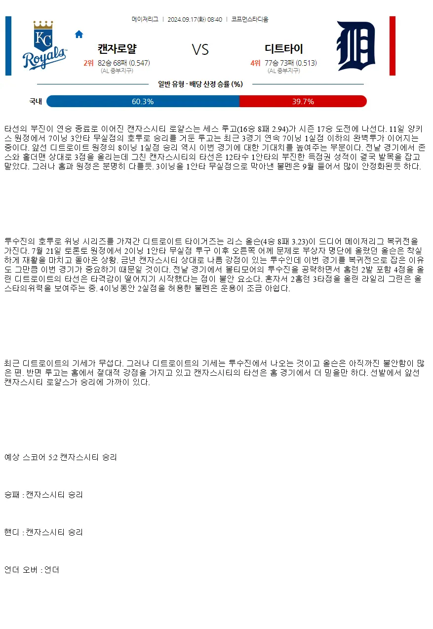 2024년9월17일 디트로이트 타이거즈 캔자스시티 로열스 MLB 중계 및 분석 올스티비