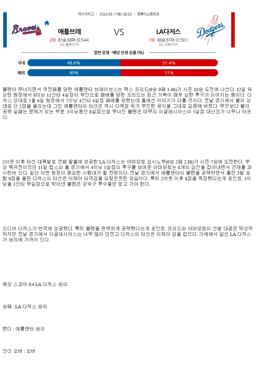 2024년9월17일 LA 다저스 애틀랜타 브레이브스 미국야구 중계 및 분석 올스티비