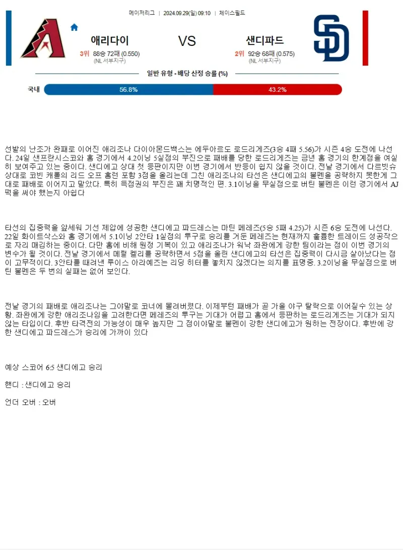 2024년9월29일 샌디에이고 파드리스 애리조나 다이아몬드백스 해외야구 분석 및 중계 올스티비