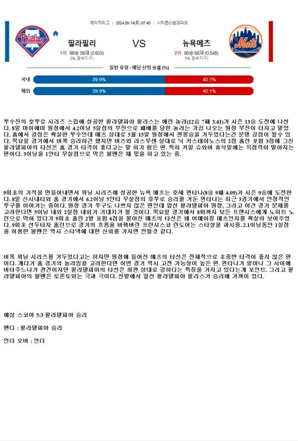 2024년9월14일 뉴욕 메츠 필라델피아 필리스 해외야구 중계 및 분석 올스티비