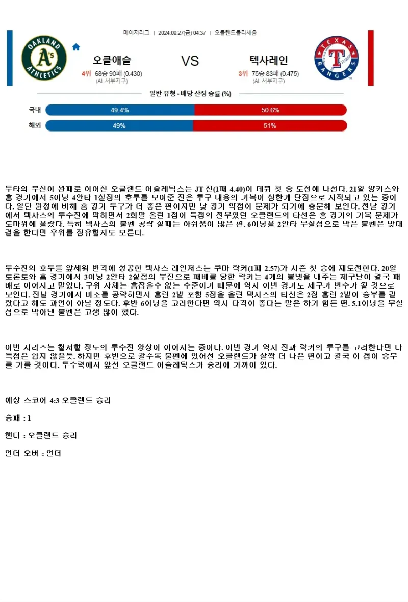 2024년9월27일 텍사스 레인저스 오클랜드 어슬레틱스 해외야구 중계 및 분석 올스티비