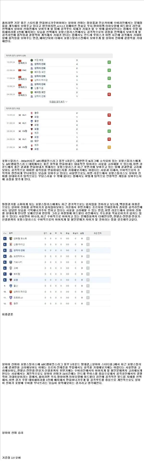 2024년9월17일 상하이선화 포항스틸러스 스포츠 분석 및 중계 올스티비