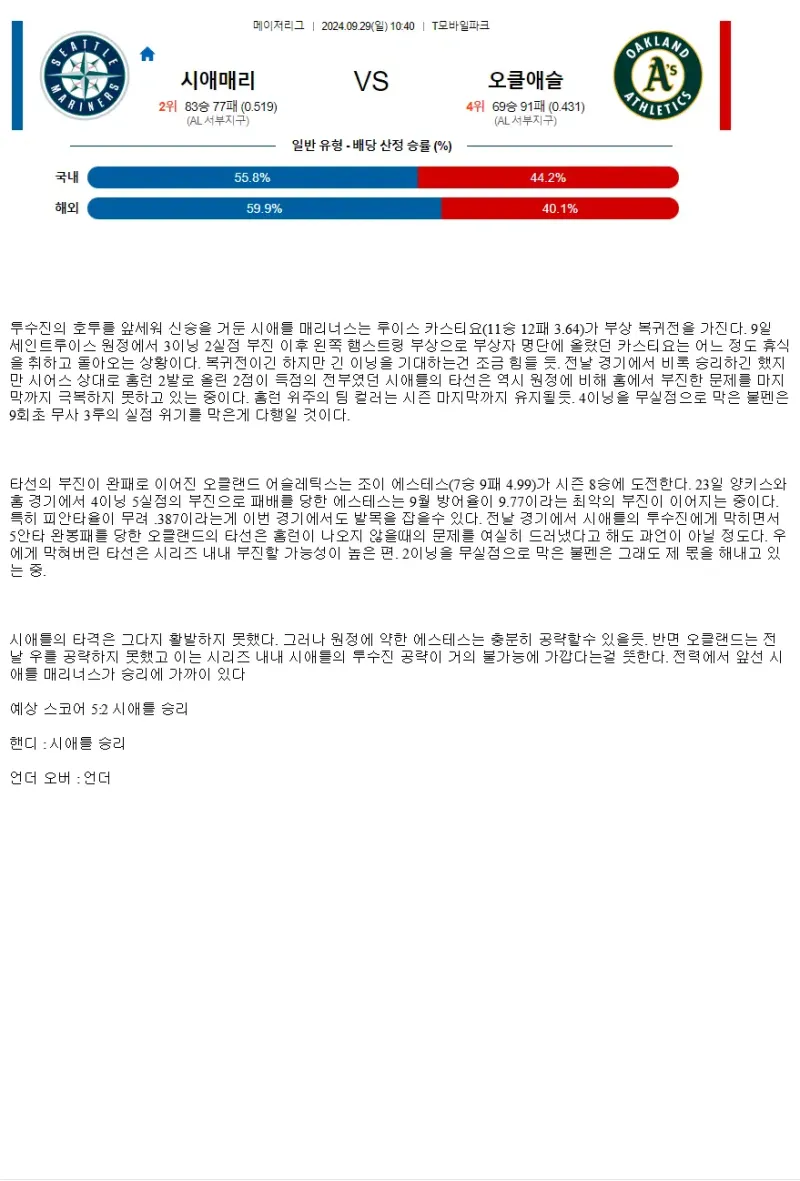 2024년9월29일 오클랜드 어슬레틱스 시애틀 매리너스 해외야구 분석 및 중계 올스티비