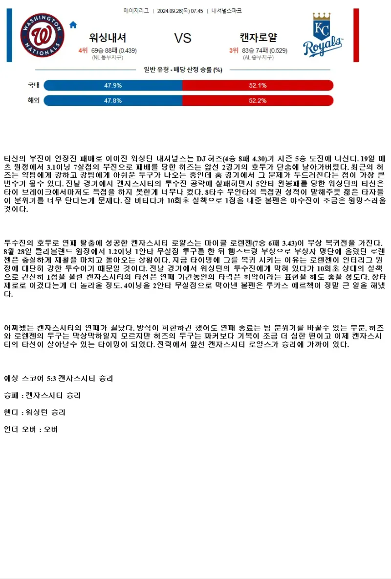 2024년9월26일 캔자스시티 로열스 워싱턴 내셔널스 미국야구 중계 및 분석 올스티비