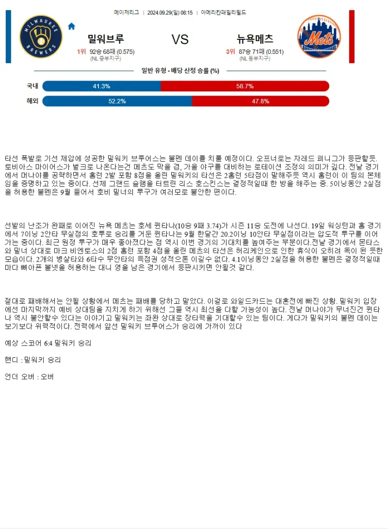 2024년9월29일 뉴욕 메츠 밀워키 브루어스 해외야구 중계 및 분석 올스티비