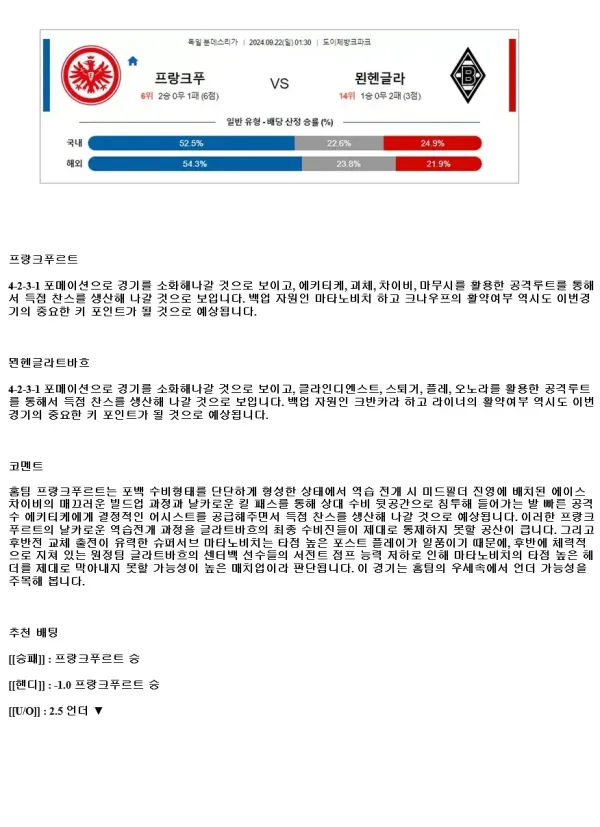 2024년9월22일 아인트라흐트 프랑크푸르트 보루시아 묀헨글라트바흐 스포츠 중계 및 분석 올스티비