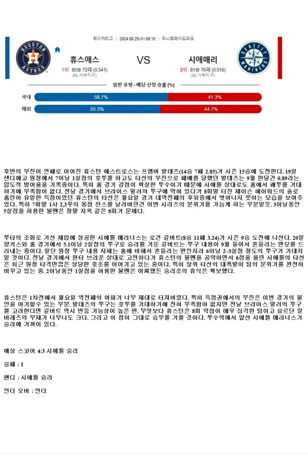 2024년9월25일 시애틀 매리너스 휴스턴 애스트로스 MLB 중계 및 분석 올스티비