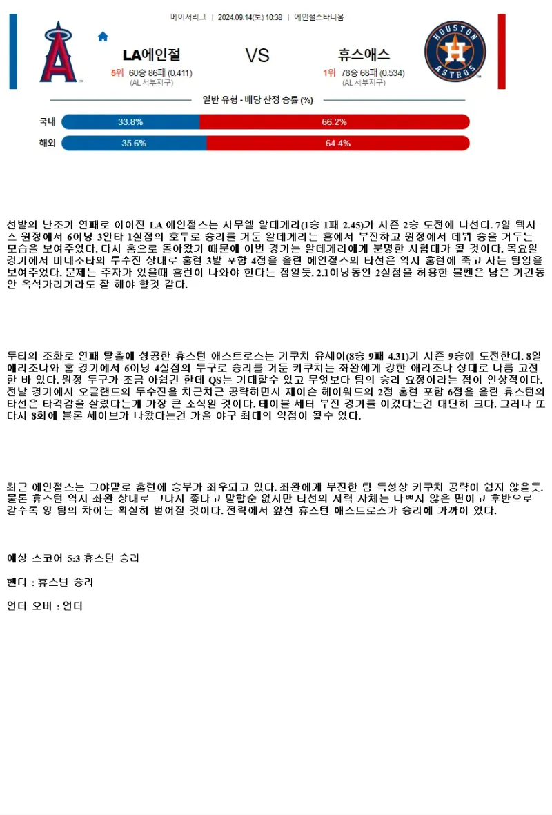 2024년9월14일 휴스턴 애스트로스 LA 에인절스 미국야구 중계 및 분석 올스티비