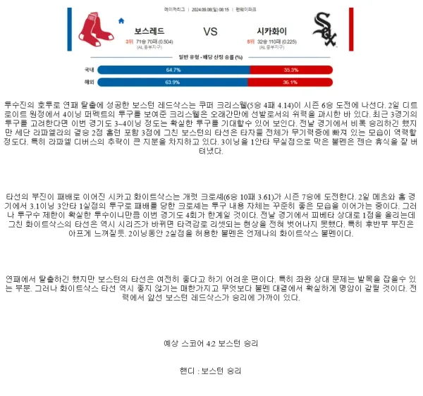 2024년9월8일 시카고 화이트삭스 보스턴 레드삭스 미국야구 중계 및 분석 올스티비