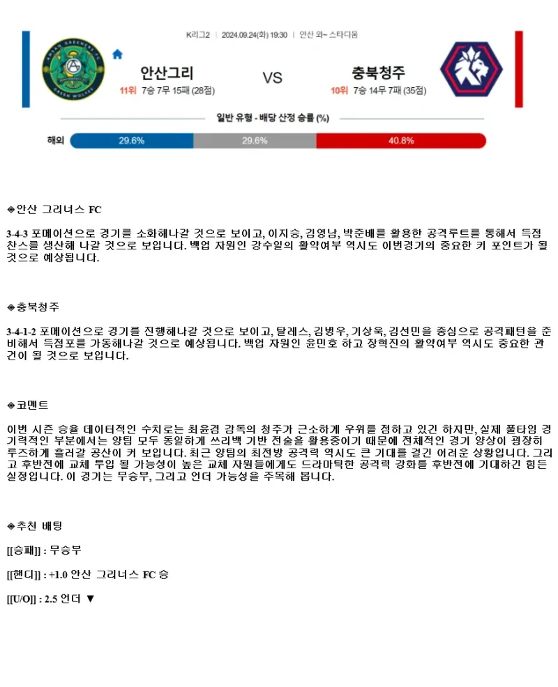 2024년9월24일 안산 그리너스 충북청주FC 스포츠 분석 및 중계 올스티비