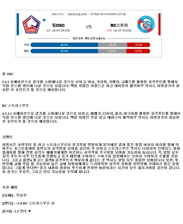 2024년9월22일 릴 OSC RC 스트라스부르 알자스 해외축구 중계 및 분석 올스티비