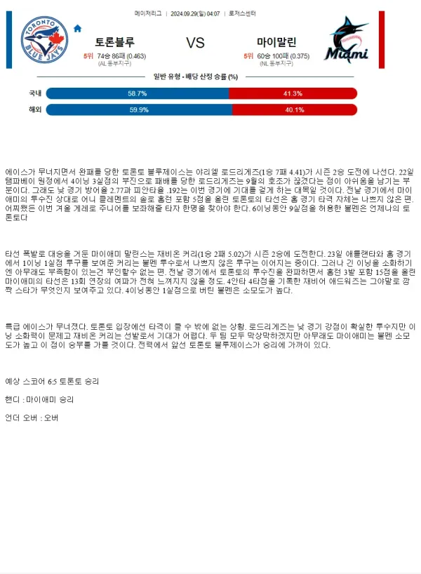 2024년9월29일 마이애미 말린스 토론토 블루제이스 해외야구 중계 및 분석 올스티비