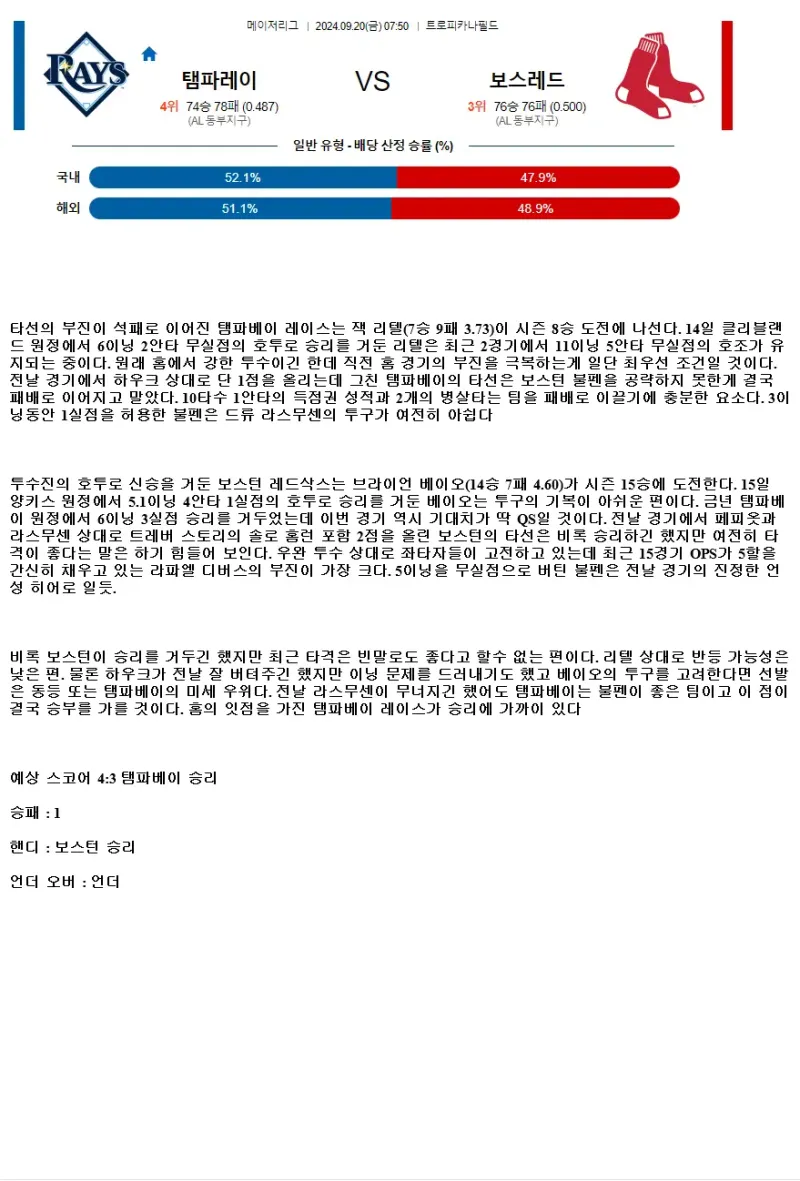 2024년9월20일 보스턴 레드삭스 탬파베이 레이스 해외야구 분석 및 중계 올스티비