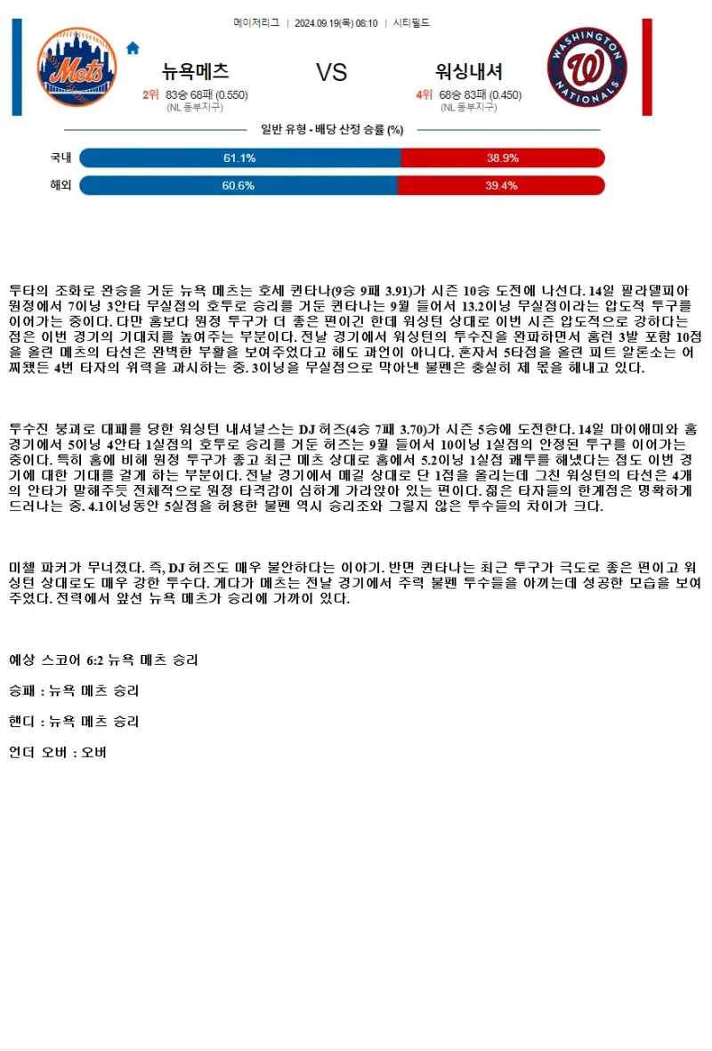 2024년9월19일 워싱턴 내셔널스 뉴욕 메츠 미국야구 중계 및 분석 올스티비