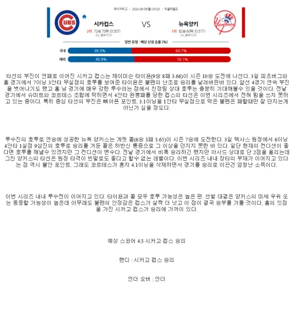 2024년9월9일 뉴욕 양키스 시카고 컵스 MLB 중계 및 분석 올스티비